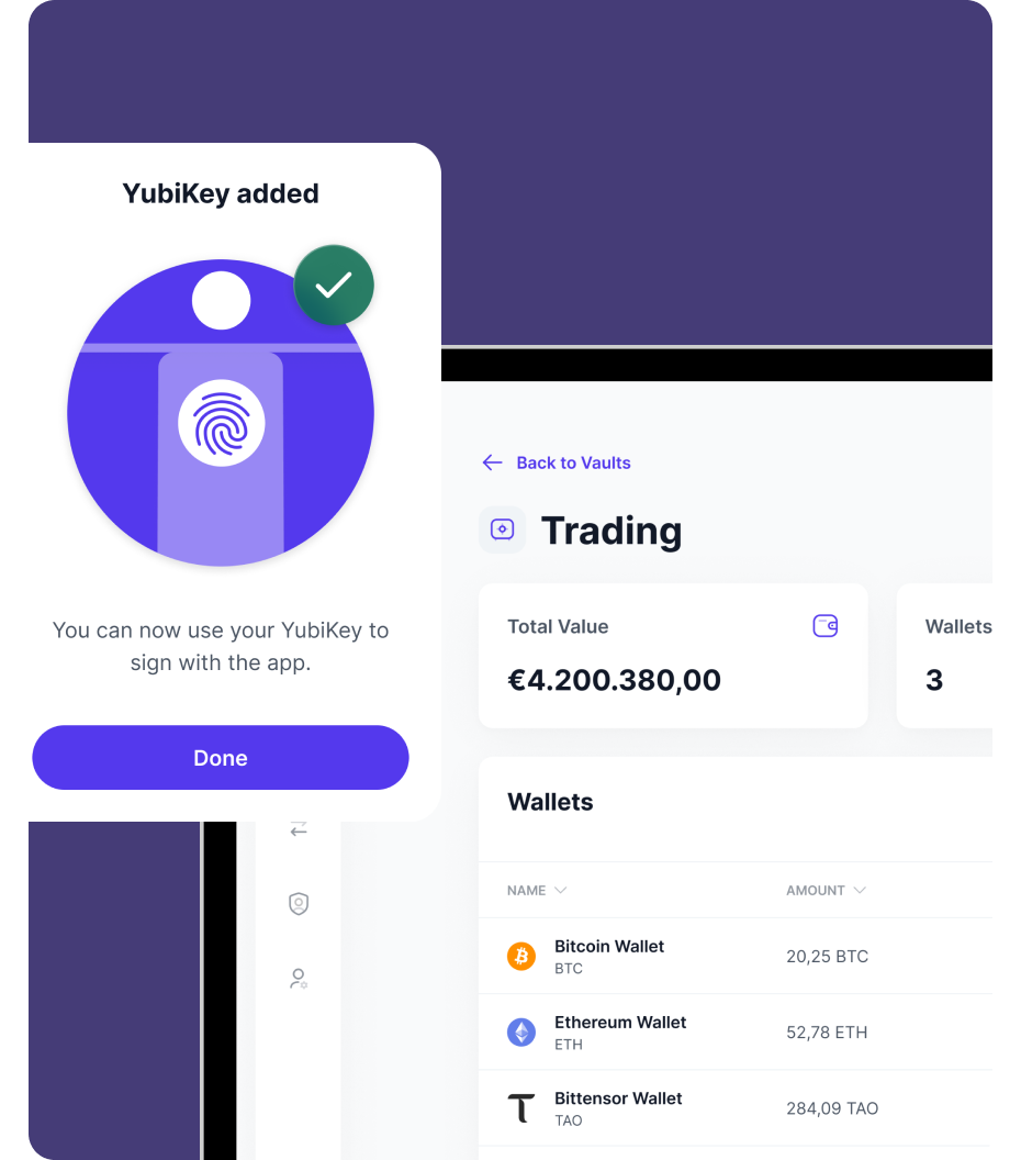 Custodiex app interface showing YubiKey integration and trading vault with wallet balances.